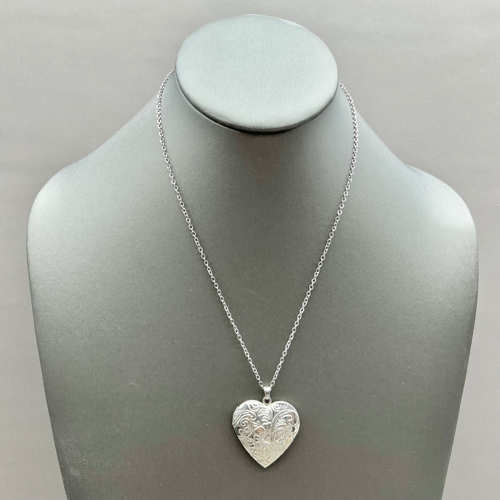 Heart Locket Necklace Silver Tone Etched Floral Scroll Design Fashion Jewelry